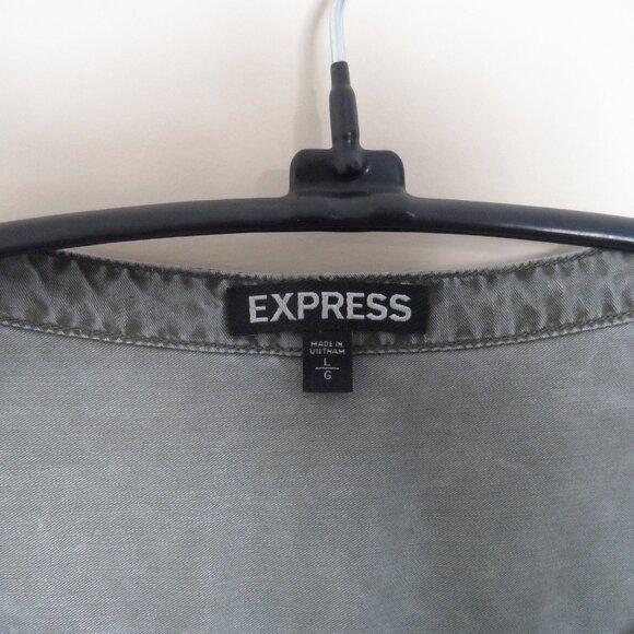 Shirt Dress Moss-Gray color Rolled-up-Button Sleeves Size Lg by Express - Picture 4 of 9